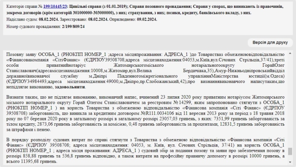 Справа № 199/10445/23: Скасували виконавчий напис нотаріуса від Сіті Фінанс